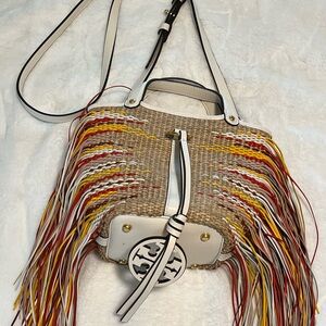 Tory Burch rattan and leather fringed tote bag